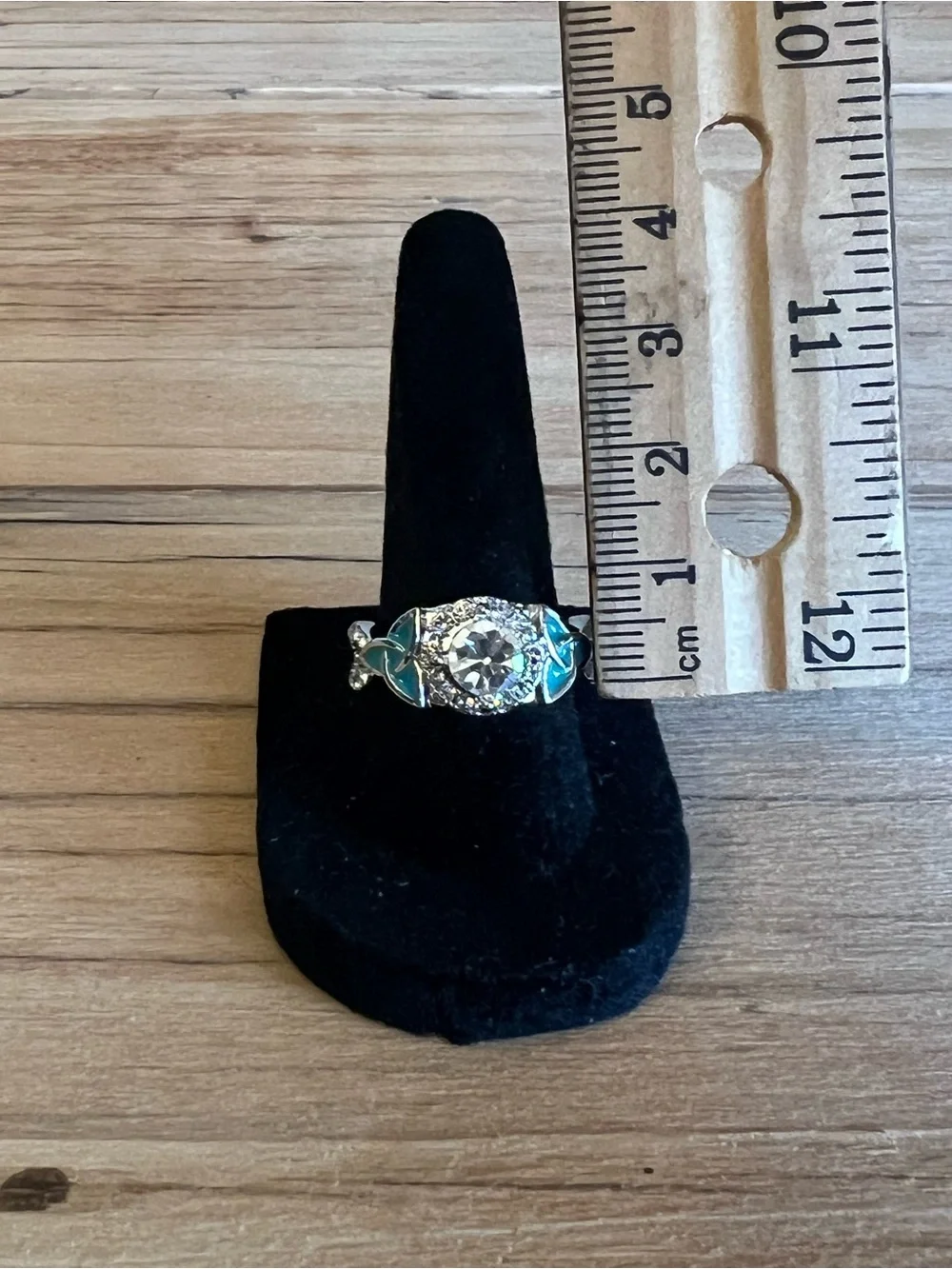 Silver-tone Green Enamel Floral Halo Ring With Clear Center Stone Size 7